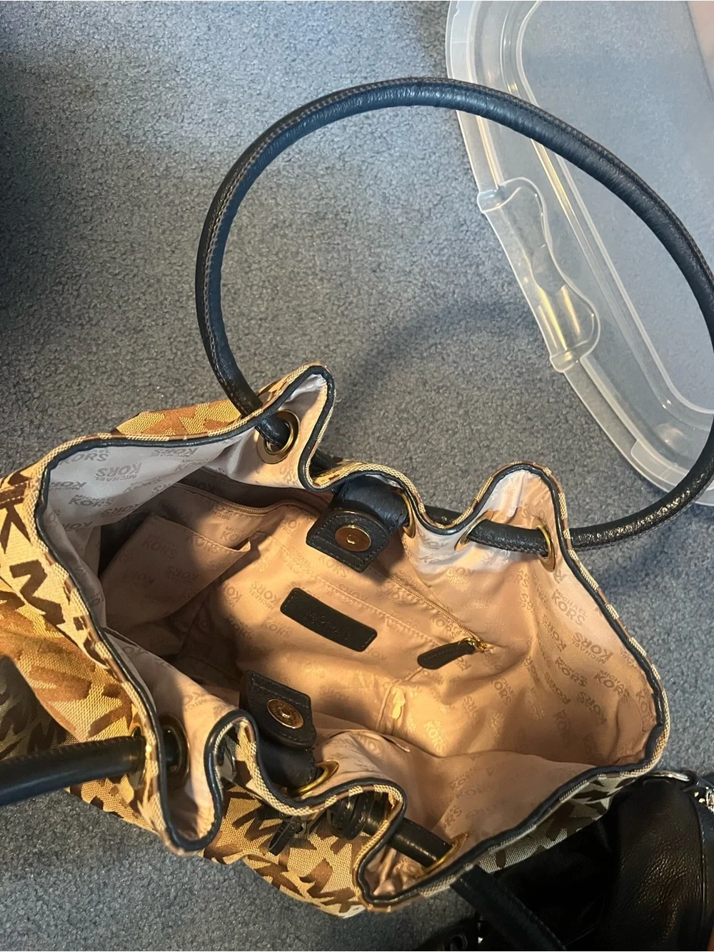 Michael Kors Brown Tan MK Logo Tote with Black Handles